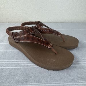 Skechers Cali Meditation Sea Breeze Sandals Yoga Foam Thong Faux Leather Brown 8